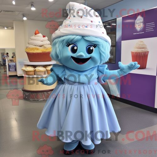 Personnage De Costume De Mascotte Redbrokoly De Cupcake Bleu Ciel Habillé Avec Une Jupe Longue Et Des Épingles À Chapeau