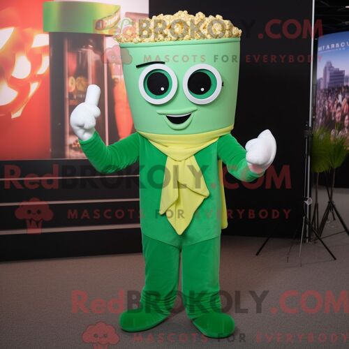 Personnage De Costume De Mascotte Redbrokoly Pop Corn Vert Habillé Avec Un Pantalon Capri Et Des Écharpes