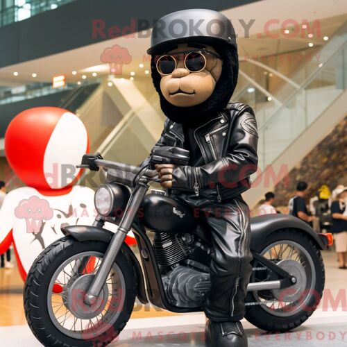 Costume Mascotte Redbrokoly De Lettre D Amour Noire Personnage Habillé Avec Une Veste De Motard Et Des Chapeaux