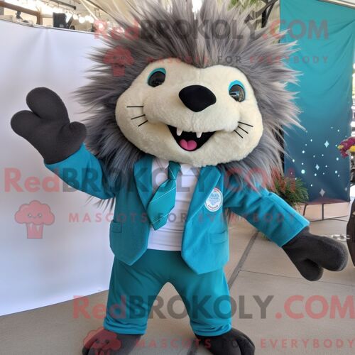 Costume De Mascotte Redbrokoly De Porc-Épic Bleu Sarcelle Habillé Avec Un Pantalon Chino Et Des Épingles À Cravate
