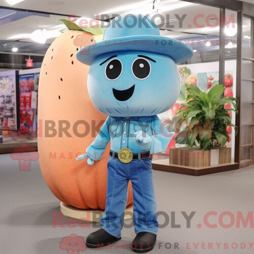 Costume Mascotte Redbrokoly De Melon Bleu Ciel Personnage Habillé Avec Un Jean Bootcut Et Des Bretelles