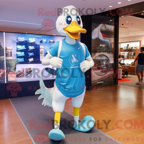 Costume Mascotte Redbrokoly Sky Blue Goose Habillé Avec Un Short De Course Et Des Boutons De Manchette