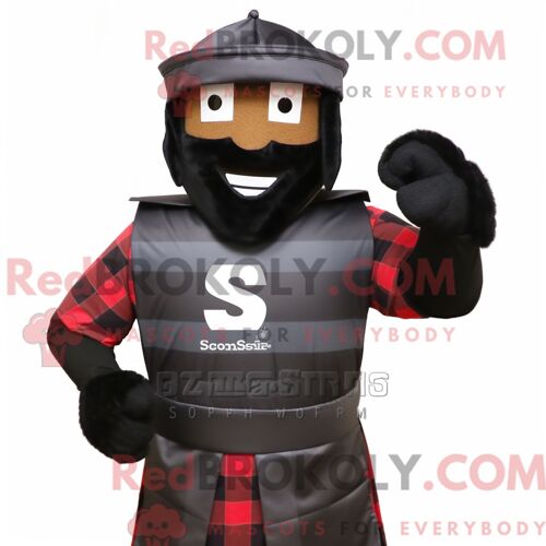 Costume De Mascotte Redbrokoly De Soldat Spartiate Noir Personnage Habillé D Une Chemise En Flanelle Et D Épingles À Cravate