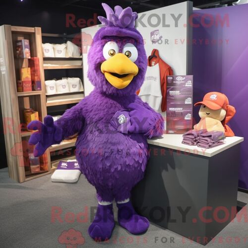 Personnage De Costume De Mascotte Redbrokoly De Poulet Parmesan Violet Habillé Avec Un T-Shirt À Manches Longues Et Des Portefeuilles