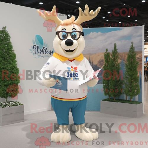 Costume Mascotte Redbrokoly D Élan Blanc Personnage Habillé Avec Un Jean Maman Et Des Lunettes De Lecture