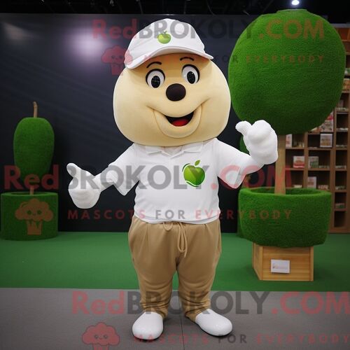 Costume Mascotte Redbrokoly De Pomme Beige Habillé D Un T-Shirt Polo Et De Boutons De Manchette