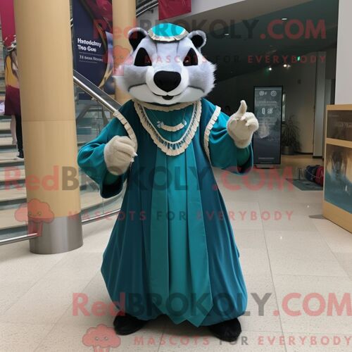 Costume De Mascotte Redbrokoly De Blaireau Cyan Habillé D Une Robe Taille Empire Et De Bracelets