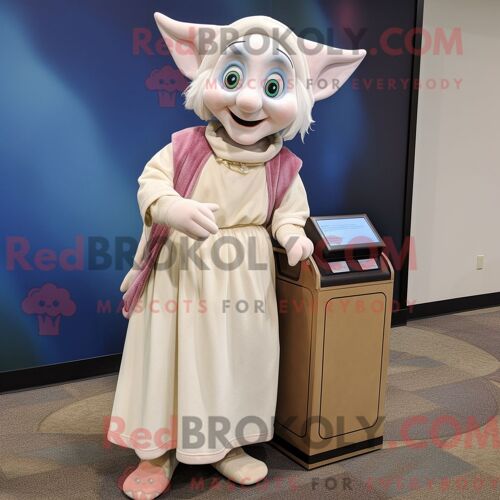Costume Mascotte Redbrokoly D Elfe Crème Personnage Habillé Avec Une Robe Longue Et Des Portefeuilles