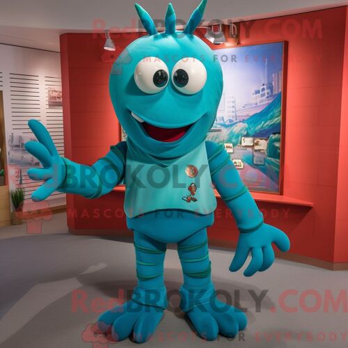 Costume Mascotte Redbrokoly De Homard Bleu Sarcelle Habillé D Une Chemise En Popeline Et De Bracelets