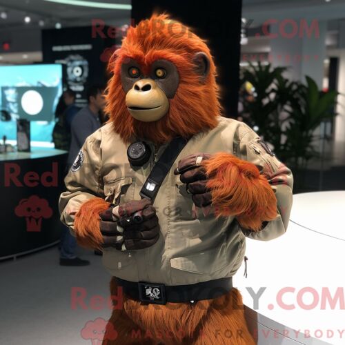 Personnage De Costume De Mascotte Redbrokoly D Orang-Outan Rouille Habillé D Un Blouson Aviateur Et De Montres Numériques