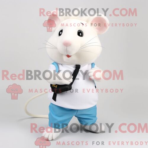 Costume Mascotte Redbrokoly De Hamster Blanc Personnage Habillé D Un Pantalon Et De Pinces À Chaussures