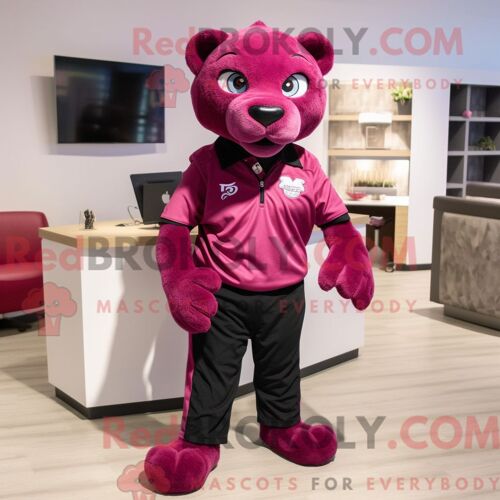 Costume De Mascotte Redbrokoly De Jaguar Magenta Habillé D Une Chemise Henley Et De Pinces À Chaussures