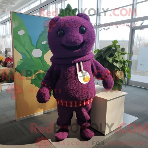 Costume De Mascotte Redbrokoly De Framboise Violette Habillé D Un Pull Et De Bracelets De Cheville
