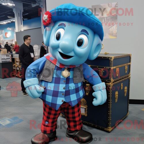 Costume De Mascotte Redbrokoly De Coffre Au Trésor Bleu Habillé D Une Chemise En Flanelle Et De Bérets