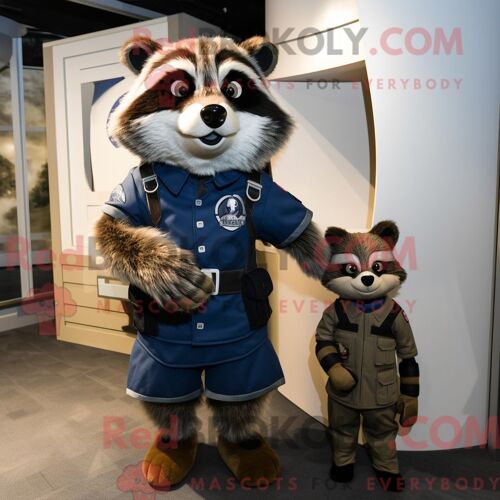 Costume Mascotte Redbrokoly De Raton Laveur Bleu Marine Habillé D Une Parka Et De Montres