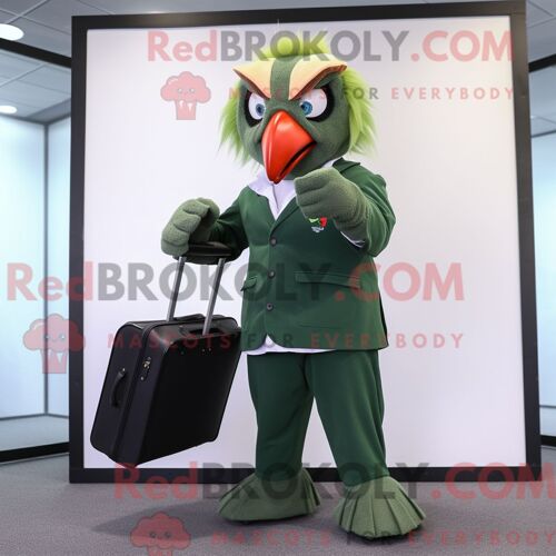 Costume De Mascotte Redbrokoly D Ara Vert Forêt Personnage Habillé Avec Une Veste De Costume Et Des Porte-Documents