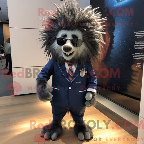 Costume De Mascotte Redbrokoly De Porc-Épic Bleu Marine Habillé D Une Veste De Costume Et De Bracelets De Cheville