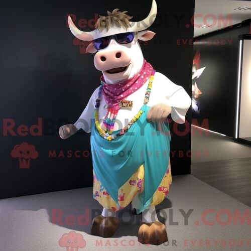 Costume De Mascotte Redbrokoly De Taureau Habillé D Une Jupe Longue Et De Lunettes De Soleil