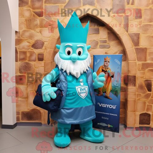 Personnage De Costume De Mascotte Redbrokoly De Château Irlandais Turquoise Habillé D Un T-Shirt À Col En V Et De Sacs Fourre-Tout
