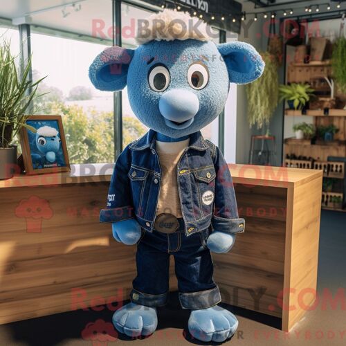 Costume De Mascotte Redbrokoly De Mouton Bleu Habillé D Une Chemise En Jean Et D Épingles À Châle