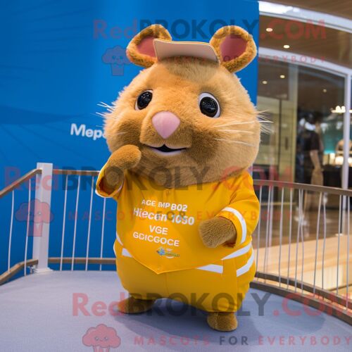 Costume Mascotte Redbrokoly D Ours En Peluche Jaune Habillé Avec Un Polo Et Des Épingles À Cheveux