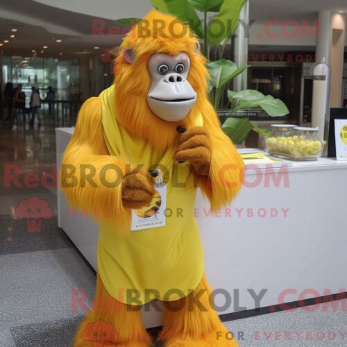 Costume De Mascotte Redbrokoly D Orang-Outan Jaune Citron Habillé D Une Robe Taille Empire Et De Pochettes De Costume