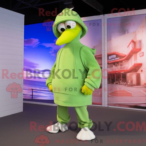 Costume Mascotte Redbrokoly De Mouette Vert Citron Habillé D Un Jean Évasé Et De Bracelets
