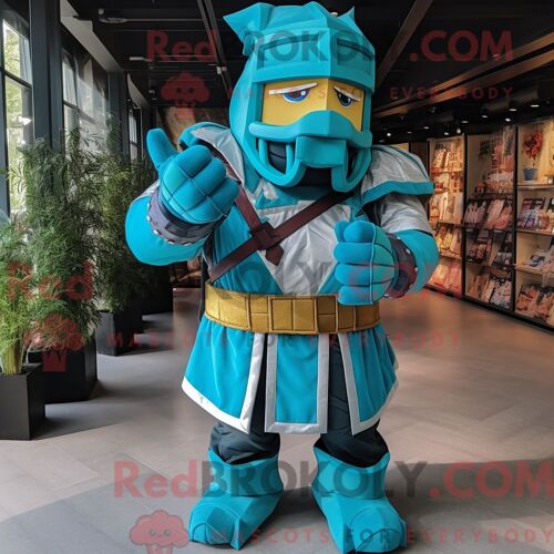 Costume De Mascotte Redbrokoly De Chevalier Médiéval Turquoise Habillé D Un Short Cargo Et De Gants