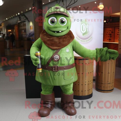 Costume De Mascotte Redbrokoly De Bière Verte Rouille Personnage Habillé D Un Manteau Et De Bandeaux