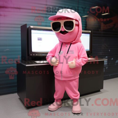 Personnage Mascotte Redbrokoly D Ordinateur Rose Habillé Avec Un Sweat Et Des Lunettes De Soleil