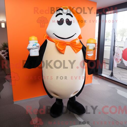 Costume De Mascotte Redbrokoly De Bouteille De Lait Orange Habillé D Un Smoking Et De Sacs À Dos