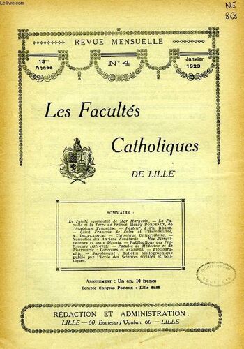 Les Facultes Catholiques De Lille, 13e Annee, N° 4, Jan. 1923
