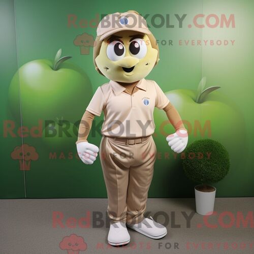 Costume Mascotte Redbrokoly De Pomme Beige Habillé D Un T-Shirt Polo Et De Boutons De Manchette