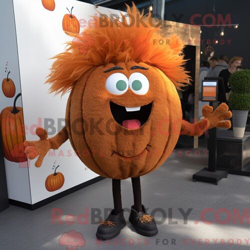 Personnage De Costume De Mascotte Redbrokoly De Citrouille Rouille Habillé Avec Un Jean Skinny Et Des Pinces À Cheveux