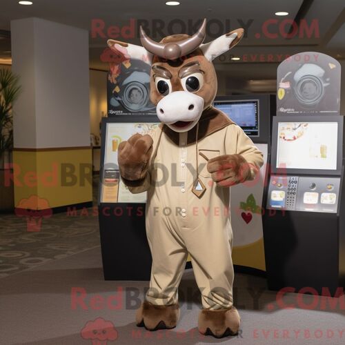 Costume De Mascotte Redbrokoly De Zébu Beige Habillé D Une Combinaison Et D Un Porte-Monnaie