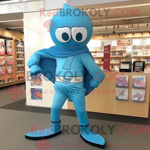 Personnage De Costume De Mascotte Redbrokoly De Super-Héros Cyan Habillé Avec Une Jupe-Culotte Et Des Clips Pour Écharpe
