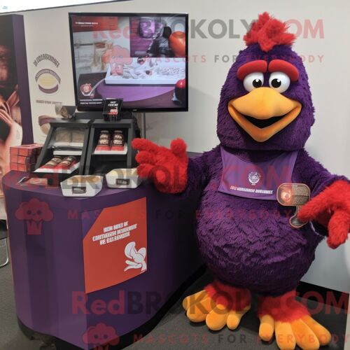 Personnage De Costume De Mascotte Redbrokoly De Poulet Parmesan Violet Habillé Avec Un T-Shirt À Manches Longues Et Des Portefeuilles