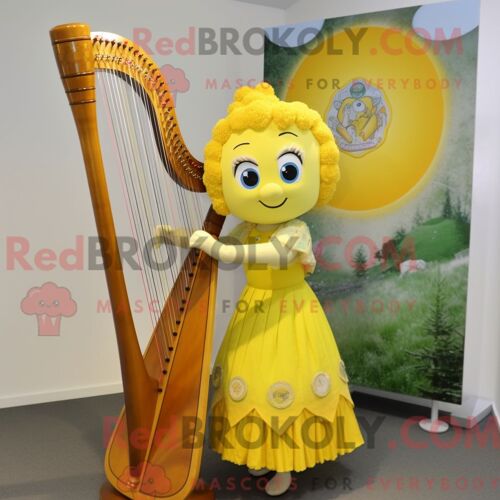 Mascotte Redbrokoly De Harpe Celtique Jaune Costume De Personnage Habillé Avec Une Jupe-Culotte Et Des Boucles D Oreilles