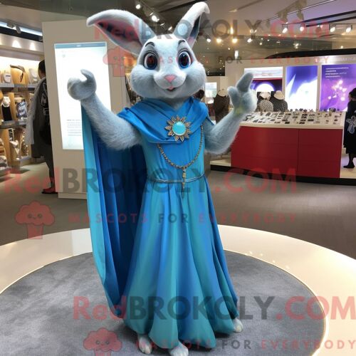 Costume Mascotte Redbrokoly De Lapin Sauvage Bleu Habillé Avec Une Robe Longue Et Des Bagues