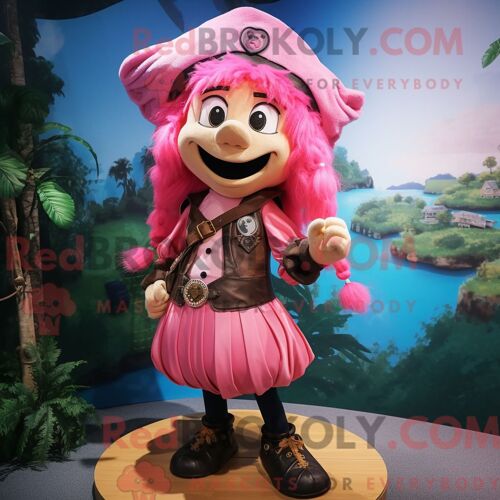 Costume Mascotte Redbrokoly De Pirate Rose Personnage Habillé Avec Une Mini Jupe Et Des Pinces À Cheveux