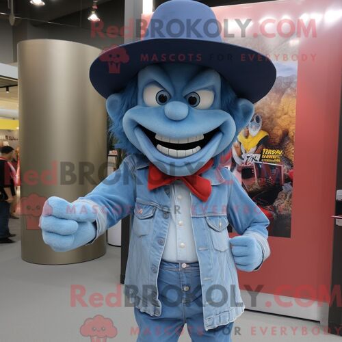 Costume De Mascotte Redbrokoly De Vampire Bleu Ciel Habillé Avec Une Chemise En Jean Et Des Chapeaux