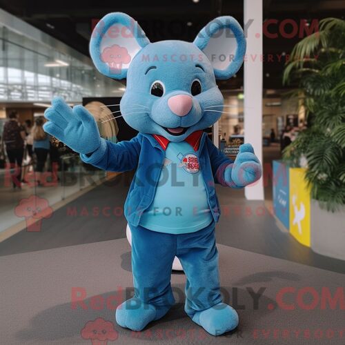 Costume De Mascotte Redbrokoly De Rat Bleu Ciel Habillé D Un Jean Évasé Et De Boutons De Manchette