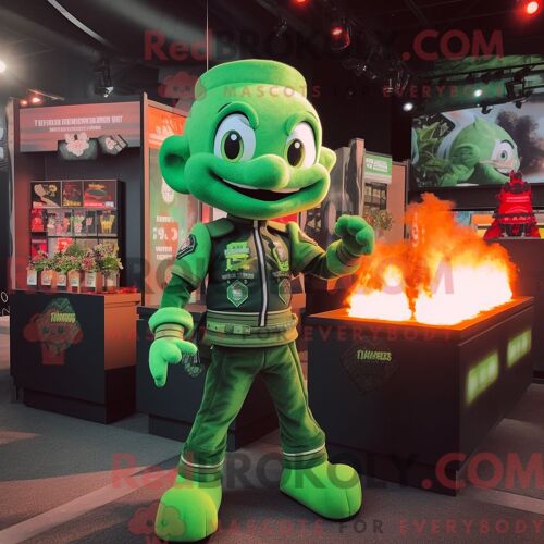 Costume De Mascotte Redbrokoly De Mangeur De Feu Vert Habillé D Un Blouson Aviateur Et De Portefeuilles