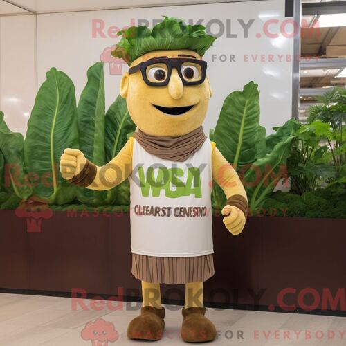 Personnage De Costume De Mascotte Redbrokoly De Salade César Marron Habillé Avec Un T-Shirt À Col En V Et Des Lunettes