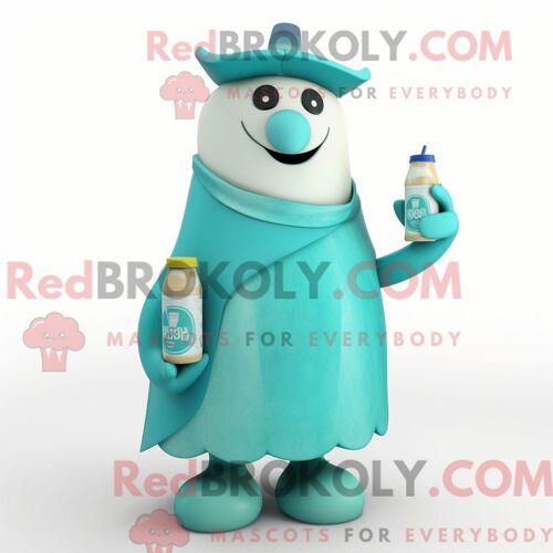 Costume De Mascotte Redbrokoly De Bouteille De Lait Bleu Sarcelle Habillé Avec Un Maillot De Bain Et Des Châles