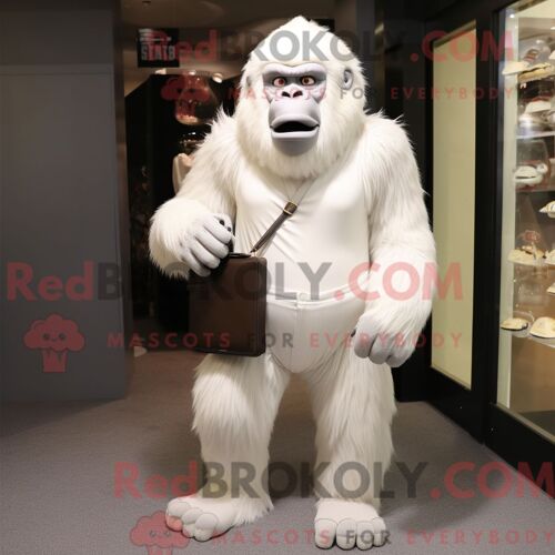 Costume De Mascotte Redbrokoly De Gorille Blanc Habillé D Une Chemise Henley Et De Pochettes
