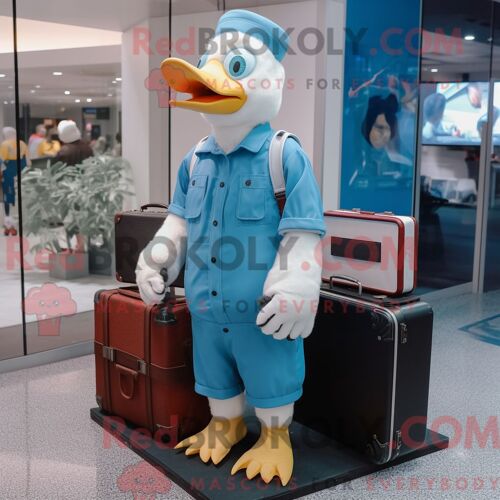 Costume De Mascotte Redbrokoly De Canard De Barbarie Bleu Ciel Personnage Habillé Avec Une Salopette Et Des Porte-Documents