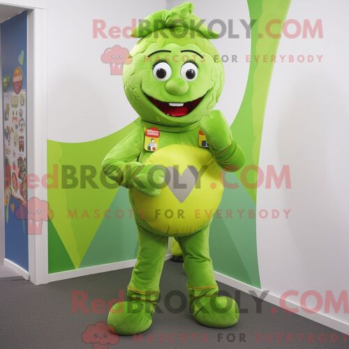 Personnage De Costume De Mascotte Redbrokoly De Lettre D Amour Vert Citron Habillé Avec Une Salopette Et Des Ceintures