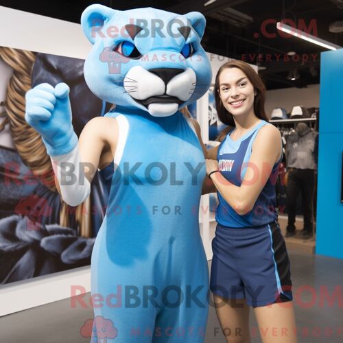Costume Mascotte Redbrokoly De Puma Bleu Personnage Habillé Avec Un Débardeur Et Des Boucles D Oreilles