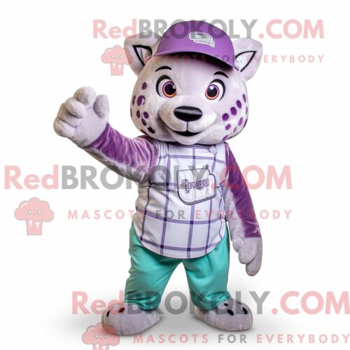 Costume De Mascotte Redbrokoly De Jaguar Lavande Habillé Avec Une Chemise Boutonnée Et Des Bonnets